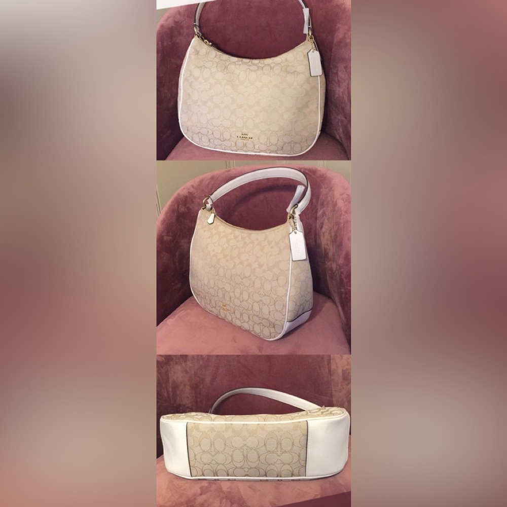 New Coach Beige Signature Shoulder Bag with Gold Hardware F29959